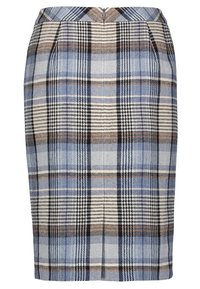 Jupe crayon à carreaux dans des tons de bleu, beige et noir ; présente un design ajusté, un tissu texturé et une fente au dos pour un confort de mouvement.