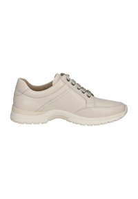 Sneaker beige chiaro in pelle, con punta arrotondata, suola imbottita e occhielli argentati con lacci. Texture liscia.