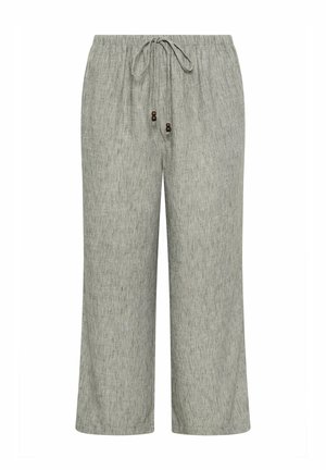 Lichtgrijze linnen broek met wijde pijpen, een elastische tailleband en een trekkoord met kleine houten kralen.