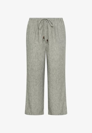 Lysegrå linnedragt med vide ben, elastisk talje og snøre med små træperler.