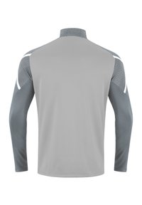Langärmeliges Sportshirt mit hohem Kragen, aus grauem Stoff gefertigt, mit strukturierten Schulterakzenten und glattem Rücken.
