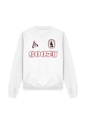 Weißer Langarm-Sweatshirt mit rotem "GOOFY"-Text, einem Comic-Hundegesicht und einem Abzeichen mit Silhouette und dem Text "1932 Precision".