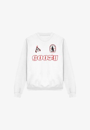 White long-sleeve sweatshirt with red "GOOFY" text, a cartoon dog face, and a badge featuring a silhouette and "1932 Precision" text.
