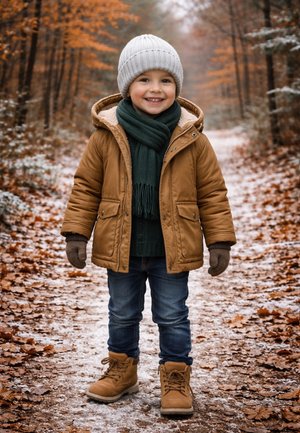 Child in a tan parka, dark green scarf, and knitted gray hat, standing on a leaf-covered path with a snowy edge. Brown boots and gloves are visible.