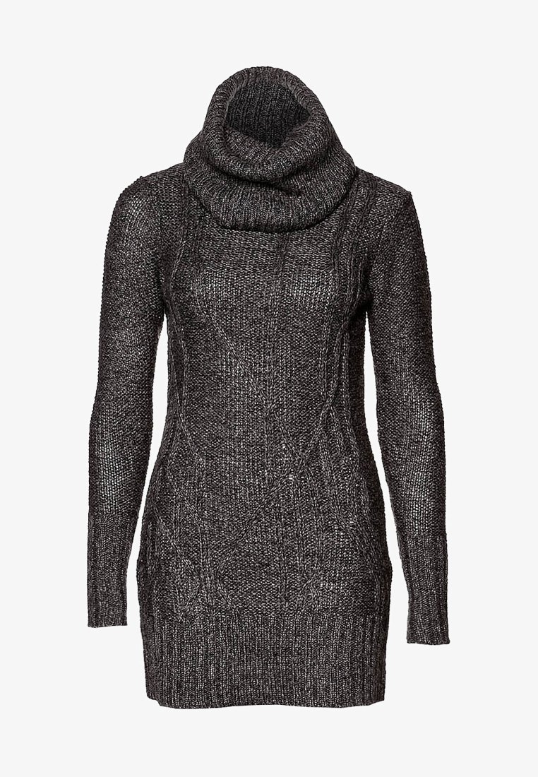 Maglione lavorato a maglia di colore grigio scuro con collo alto, maniche lunghe e un design testurizzato caratterizzato da motivi a treccia e orlo a coste.
