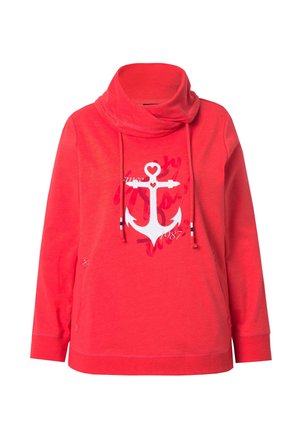 Rode hoodie met hoge opgevouwen kraag, voorzakken, trekkoorden en wit ankerontwerp met hartvormen en tekst "1987" op de borst.