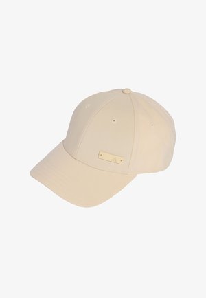 Beige baseball cap with a smooth fabric finish, curved brim, and a gold metallic accent plate on the front. Quilted texture on the underside.