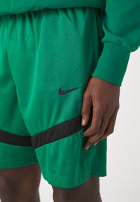 Žalios tinklinės šortai su juodomis horizontaliomis juostelėmis ir mažuoju Nike logotipu. Elastinga juostos juosta su tekstūruotu audiniu.