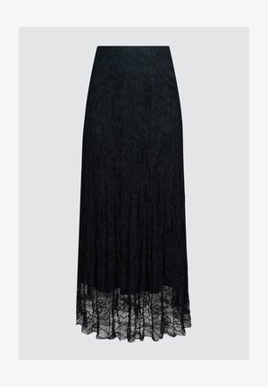 Gonna midi in pizzo nero con motivo floreale, vita aderente e orlo smerlato trasparente.