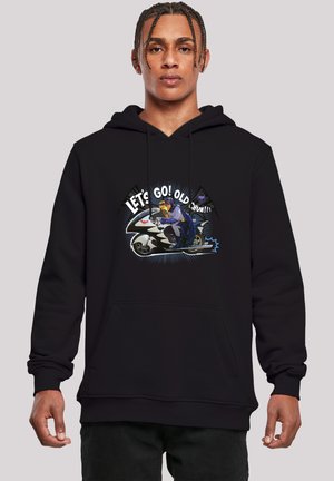 Black hoodie featuring a colorful graphic of a character on a motorcycle with the text "LET'S GO! OLD CHUM!!!" in bold, dynamic lettering.