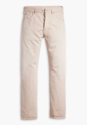 Jean droit rose clair avec fermeture à boutons à l'avant et design à cinq poches, présenté sur fond blanc.