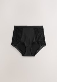 Čierne dámske nohavičky s vysokým pásom, s kvetinovou čipkovou vsadkou po stranách a elastickým pásom, položené na béžovom pozadí.