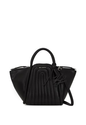 Black leather handbag with a structured silhouette, curved embossed detailing, side zip closure, dual handles, and a detachable shoulder strap.