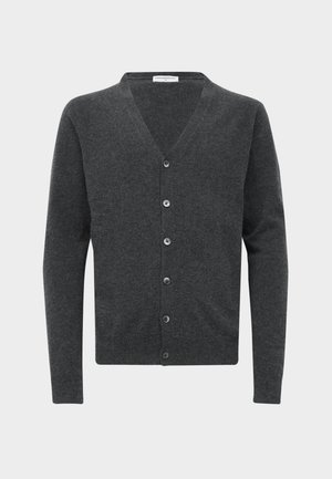 Dark gray, long-sleeve V-neck button-up cardigan made of soft knit fabric, displayed on a plain light gray background.