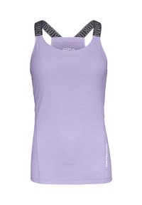 Light purple tank top with a scoop neck and black branded straps. Features soft texture and logo detail on the lower right side.