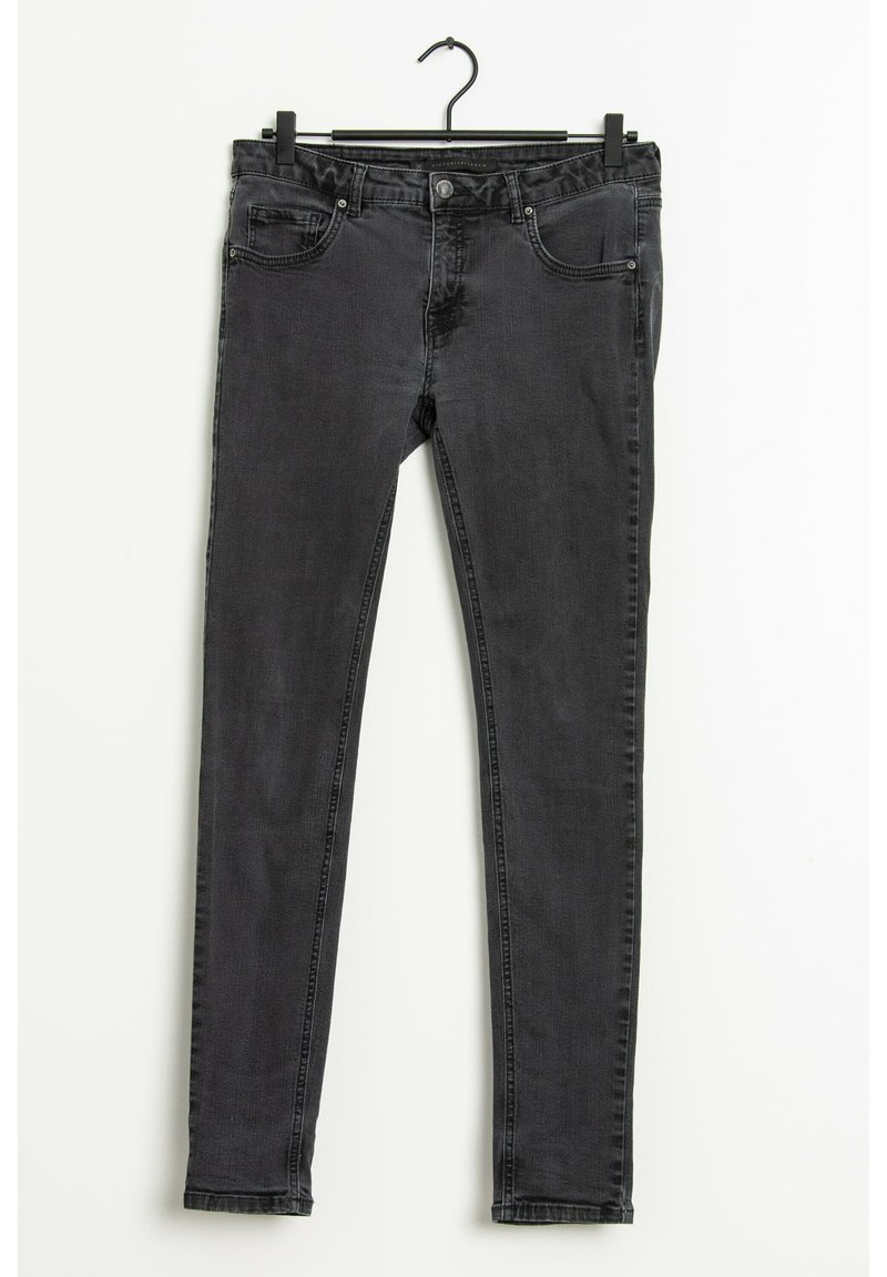 Jeans en denim noir au design ajusté, avec cinq poches et des coutures contrastées. Texture lisse avec un léger délavage et taille standard.