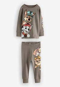 Grå tvådelad pyjamas med karaktärstryck. Långärmad topp med ribbade manschetter; byxor med elastisk midja och sidopaneler med karaktärer.
