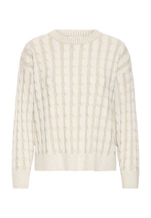 Fløde- og beige kabelstrikket sweater med lange ærmer, ribstrikkede manchetter, kant og rund halsudskæring.