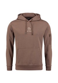 Felpa cappuccio marrone realizzata in tessuto morbido, con tasca frontale, cappuccio con cordoncino e tasca con zip sulla manica con ricamo del logo.