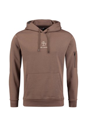 Bruine hoodie van zacht materiaal, met een voorvak, een trekkoordkap en een met rits afsluitbaar mouwvak met geborduurd logo.