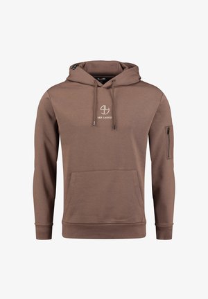 Felpa cappuccio marrone realizzata in tessuto morbido, con tasca frontale, cappuccio con cordoncino e tasca con zip sulla manica con ricamo del logo.