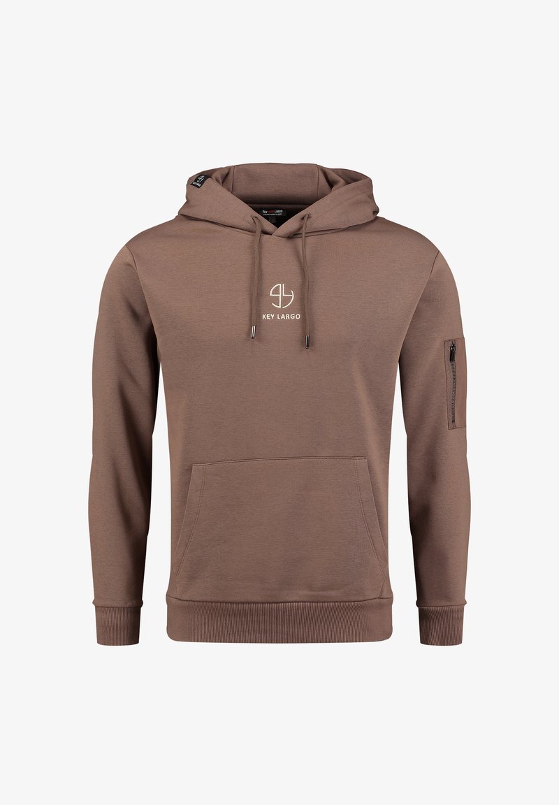 Felpa cappuccio marrone realizzata in tessuto morbido, con tasca frontale, cappuccio con cordoncino e tasca con zip sulla manica con ricamo del logo.