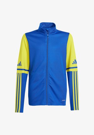 Blå og gul sportjakke med fuld lynlås og høj krave, Adidas-logoer på de gule ærmer og blå striber ned langs de nederste ærmer.