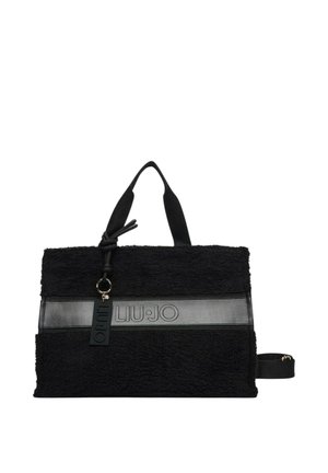 Borsa tote nera strutturata con due manici, una larga fascia orizzontale effetto pelle con rilievo "LIU JO," e un piccolo tag nero attaccato a un nodo.