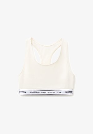 Weißer Racerback-Sport-BH mit elastischem Bund unten und schwarzem Text ""United Colors of Benetton"".