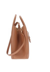 Borsa a mano in pelle color cuoio con design strutturato, dotata di doppi manici, una tracolla removibile e dettagli in metallo dorato.