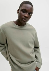 Apaļas apkakles džemperis izteiksmīgā zaļā audumā ar gludu tekstūru un brīvu piegriezumu, ar ribotas adījuma aprocēm un sānu šķēluma detaļu.