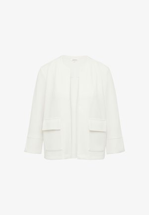 Biała kurtka z okrągłym dekoltem, opadającymi ramionami i dwoma przednimi kieszeniami. Wykonana z gładkiego, teksturowanego materiału z minimalnymi detalami szycia.