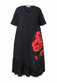 Schwarzes Kurzarm-V-Ausschnitt-Kleid mit volantartigem Saum und großem roten Mohnblumenmuster auf einer Seite.