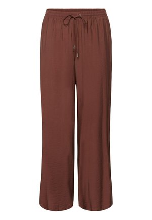 Bruine wijd uitlopende broek met een elastische tailleband en verstelbare trekkoord, gemaakt van lichtgewicht textuurstof.