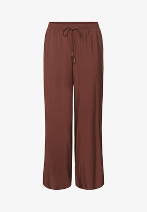 Pantalones marrones de pierna ancha con cintura elástica y cordón ajustable, hechos de tela ligera y texturizada.