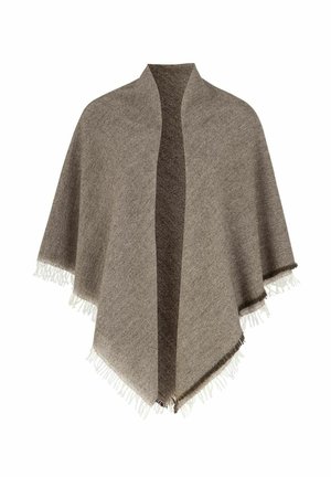 Brun uldne sjal med frynsekant, åben front og et blødt, struktureret stof, der er velegnet til lag-på-lag.
