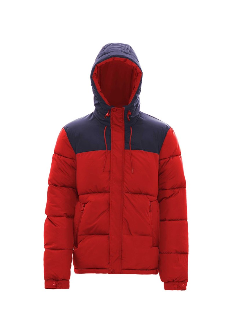 Giacca a vento imbottita rossa e blu con cappuccio, caratterizzata da una chiusura con zip anteriore, polsini elastici e due tasche laterali. Il design è trapuntato per un migliore isolamento.