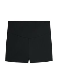 Black high-waist women's shorts with a wide waistband and a subtle V-shaped seam detail at the front center.