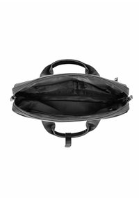 Czarna skórzana torba z otwartym zamkiem, wyposażona w dwie rączki, gładką teksturę i przestronne wnętrze z wewnętrznymi kieszeniami.