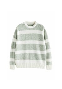 Grüner und weißer gestreifter Strickpullover mit Rundhalsausschnitt, der strukturierte horizontale Bänder sowie gestrickte Bündchen und Saum aufweist.