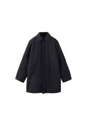 Manteau long noir avec boutons sur le devant, deux poches latérales et un col, présenté sur fond blanc.
