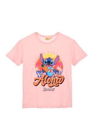 Pink T-shirt with a cartoon character holding a pineapple, sunset background, palm trees, and text "Aloha Beaches" and "Island Paradise."