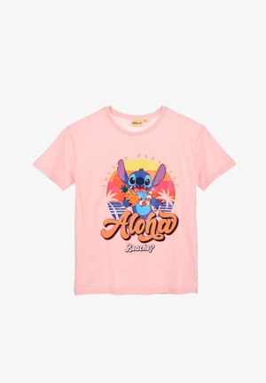 Pink T-shirt with a cartoon character holding a pineapple, sunset background, palm trees, and text "Aloha Beaches" and "Island Paradise."
