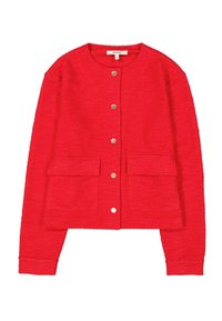 Cardigan rouge texturé avec un col rond, des poches avant et des fermetures à boutons métalliques. Il présente des manches longues et un design à ouverture avant.