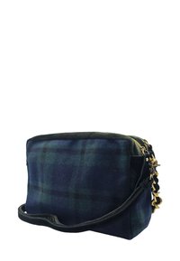 Sac à main en tissu à carreaux bleu foncé et vert avec une sangle en cuir noir et des détails de fermeture éclair dorés sur fond blanc.