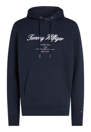 Donkerblauwe hoodie met voorzak, wit "Tommy Hilfiger" scriptlogo, klein vlagontwerp en verstelbare trekkoorden aan de capuchon.