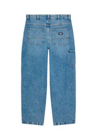 Light blue denim cargo pants with a straight leg, featuring two back pockets and a side pocket. Distressed texture, no additional embellishments.