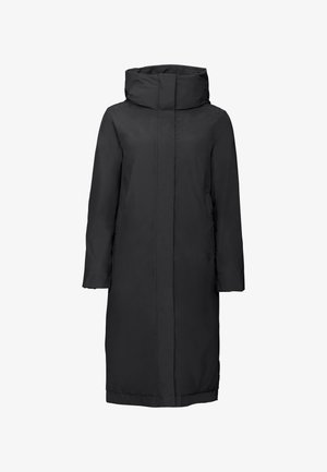 Cappotto nero, lungo fino al ginocchio, con un collo alto, maniche lunghe e una texture liscia e opaca. Presenta tasche laterali nascoste e un design minimalista.