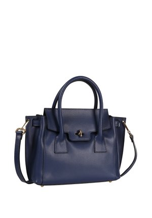 Navy blue leather handbag with dual top handles, front flap with gold twist-lock closure, and detachable shoulder strap.