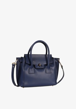 Navy blue leather handbag with dual top handles, front flap with gold twist-lock closure, and detachable shoulder strap.